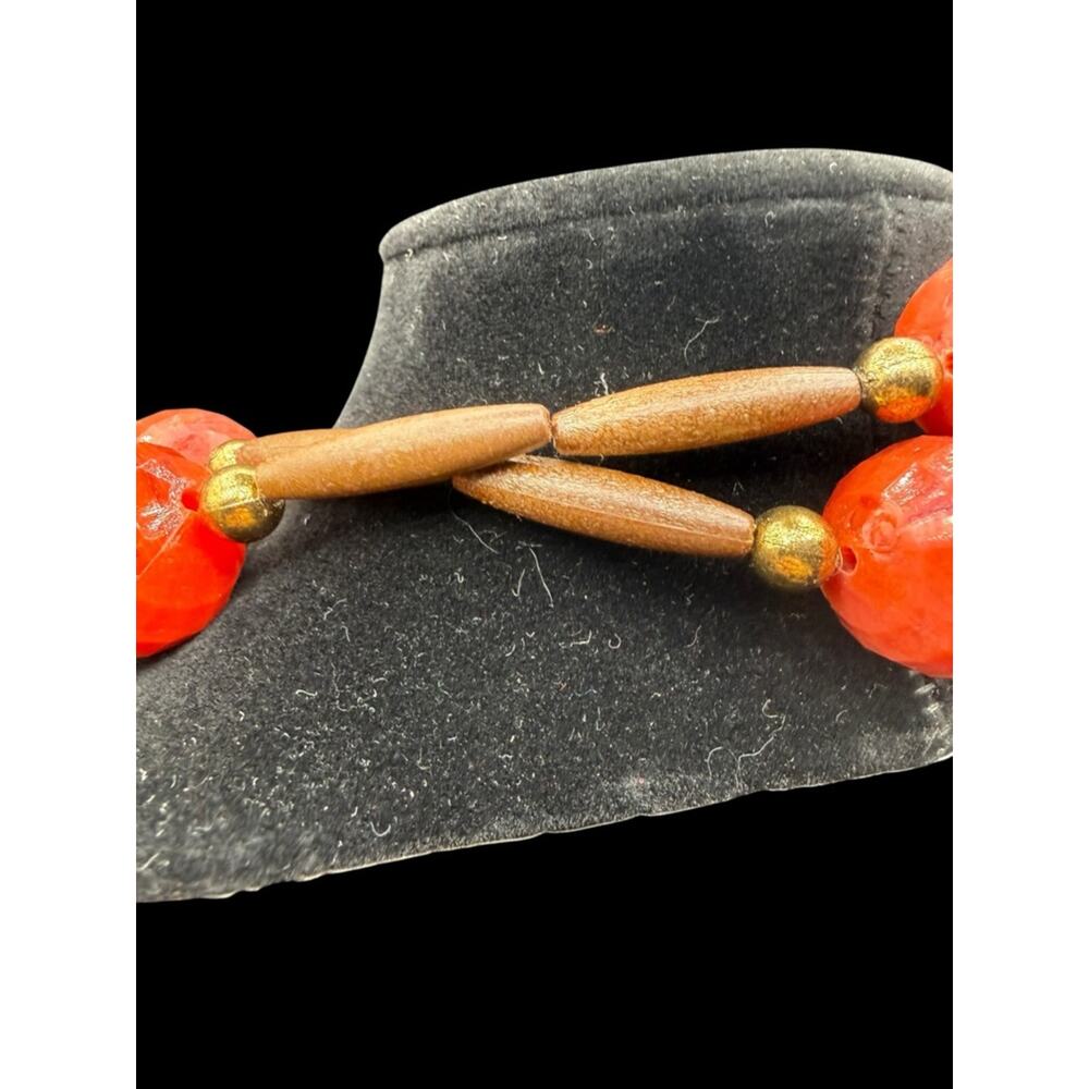Bold Orange Bead and Wood Double Strand Long Station Necklace - Picture 5 of 5